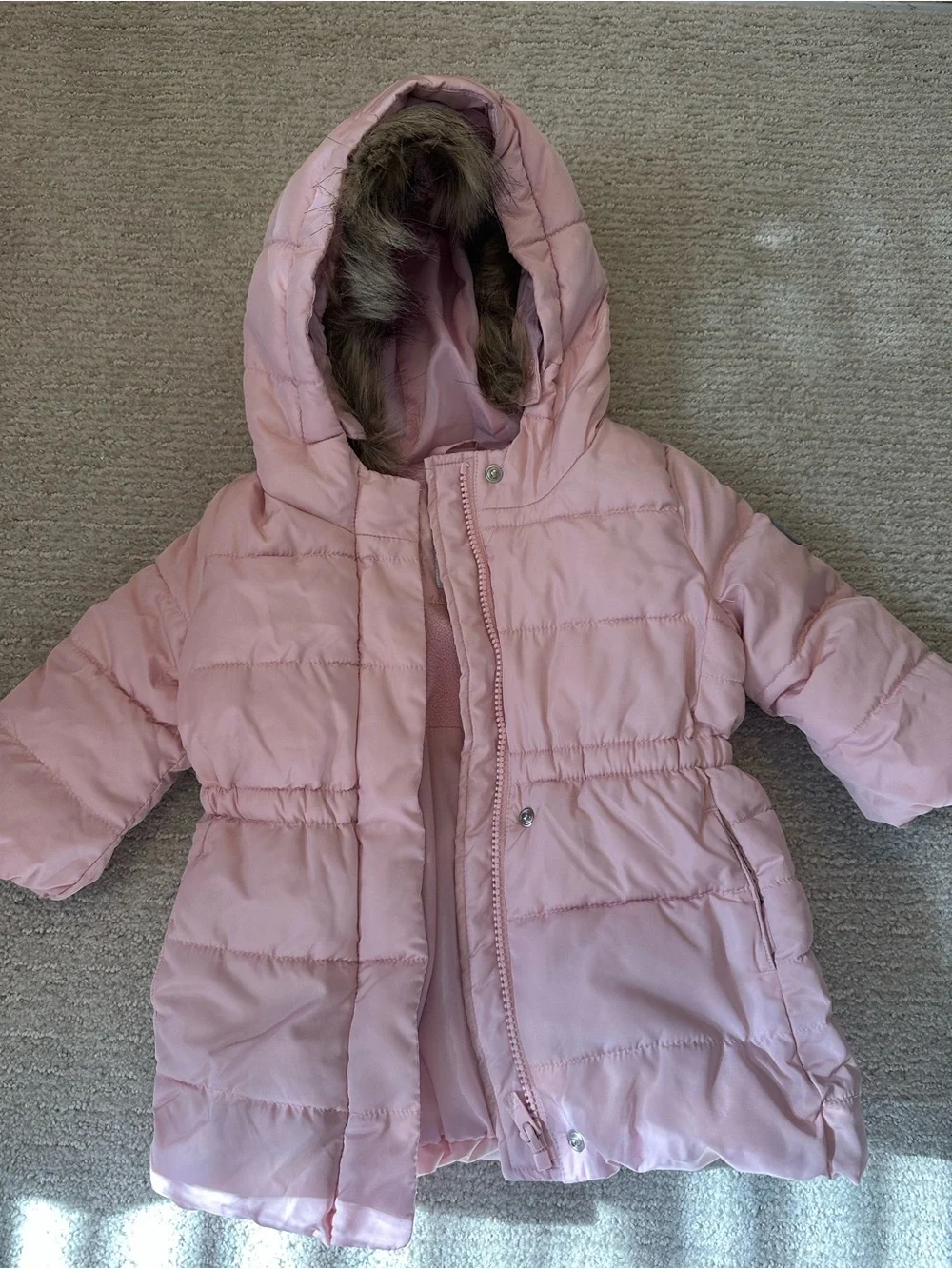 GAP Light Pink Hooded Puffer Coat with Faux Fur Trim
